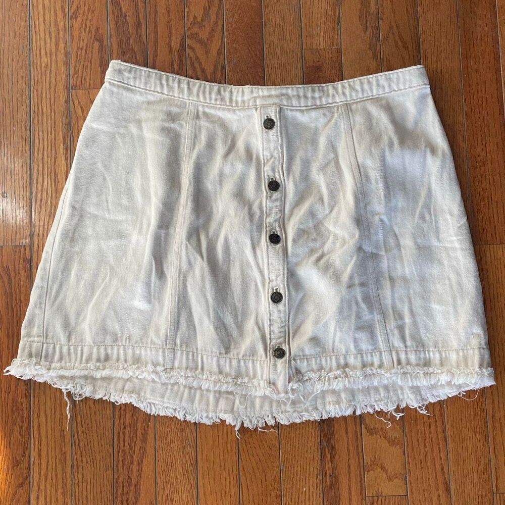 Anthropologie White Button-Front Mini Skirt with Frayed Hem